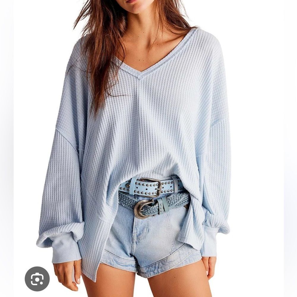Free People Coraline Thermal Oversized Swing Top Light Blue Size M